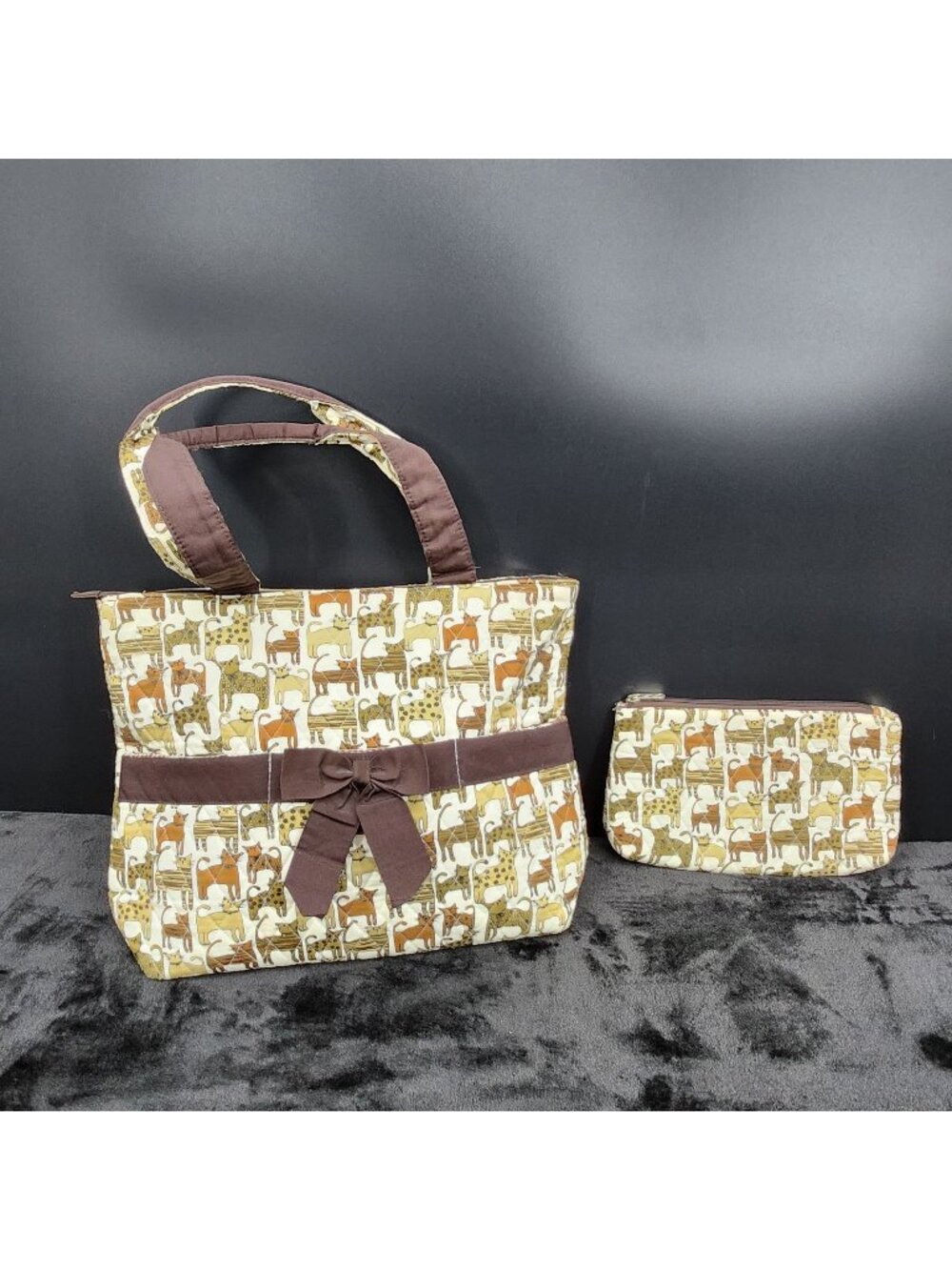 Quilted Cat Tote Bag Purse 16 x 12 Cosmetic Bag Feline Kitty Whimsical Novelty